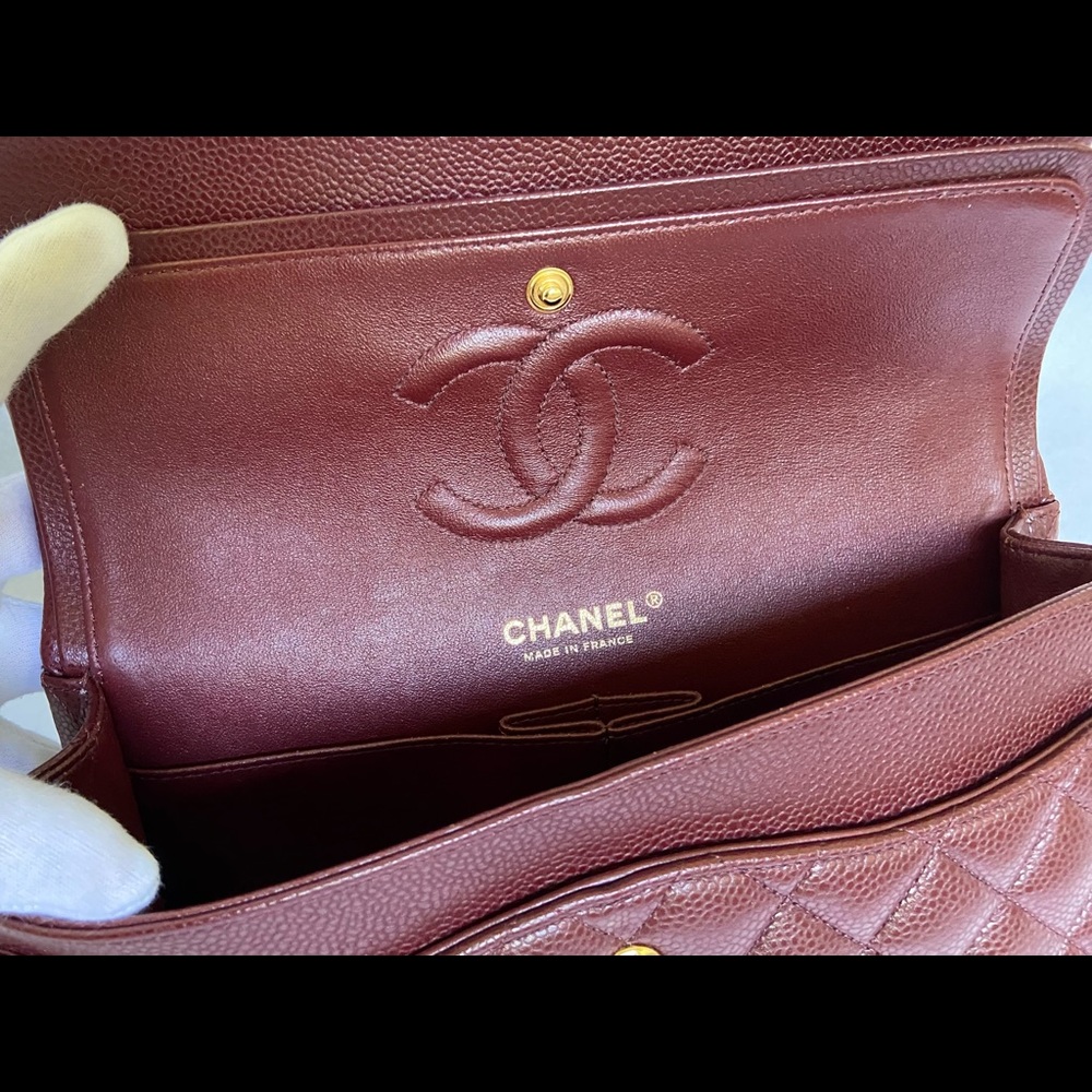 SOLD 15B CHANEL Classic Medium Double Flap Burgundy Caviar Brush Matte Gold HWR - Picture 14 of 16